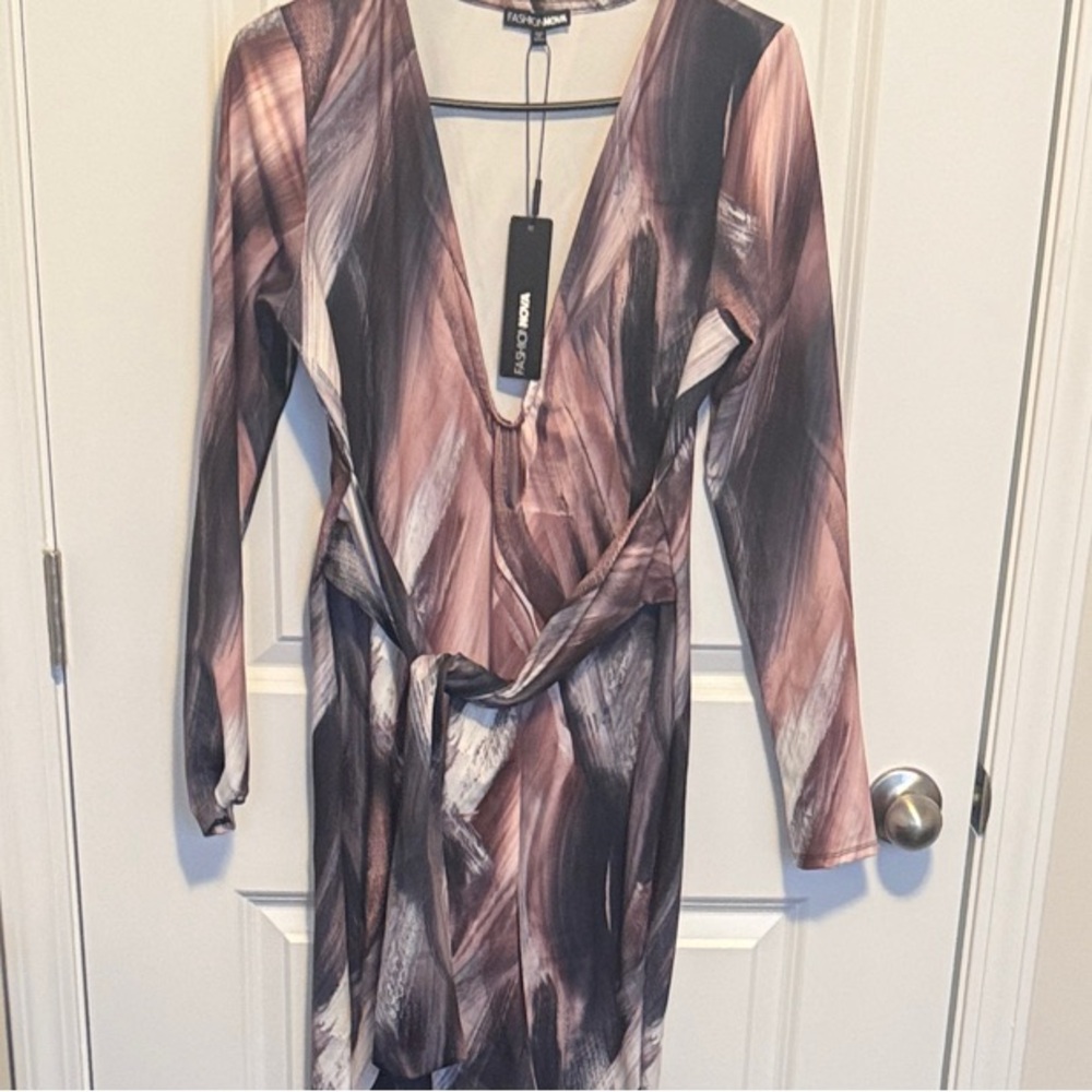 Fashion Nova Mauve & Charcoal Brushstroke Wrap Maxi Dress